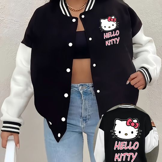 Discover Disney Hello Kitty Letter Print Women's Baseball Uniform Women's Jacket Autumn and Winter New Men and Women Couples Streetwear