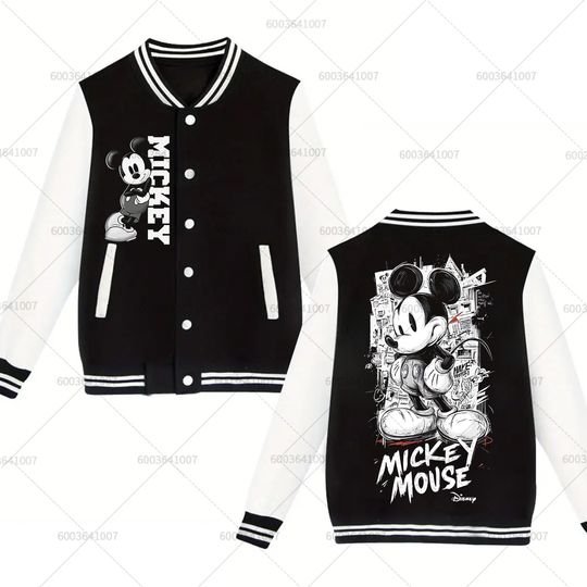 Discover Disney Mickey Mouse Men's Women Baseball Jacket Autumn Winter Classic Coats Fleece O-Neck Streetwear Hoodies Couple Double-sided