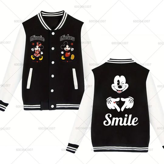 Discover Couple Disney Mickey Minnie Mouse Smile Men's Women Baseball Jacket Autumn Winter Classic Coats Fleece O-Neck Streetwear Hoodies