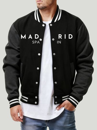 Discover Madrid Spain Printing Baseball Coat Men'S Winter Comfortable Jackets Basics Pocket Fleece Warm Tops Loose Casual Men Clothes