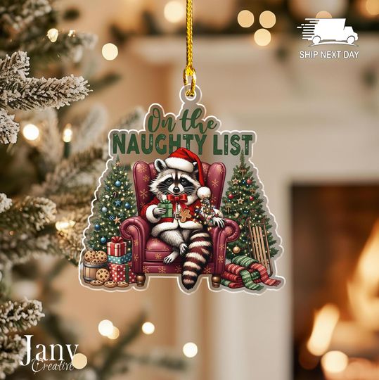 Discover Funny Raccoon Christmas Acrylic Ornament: On the Naughty List Retro Holiday Decor