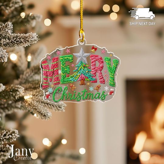 Discover Faux Knitted Merry Christmas Acrylic Ornament: Cozy Holiday Tree Decor