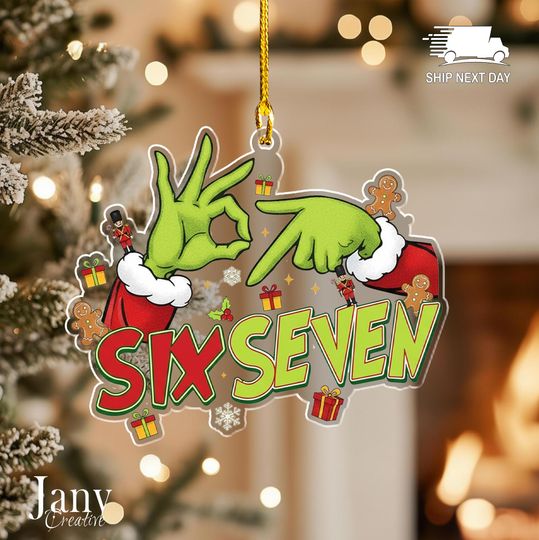 Discover Funny Green Hand Christmas Acrylic Ornament: Six Seven Meme Holiday Decor, 67 Ornament