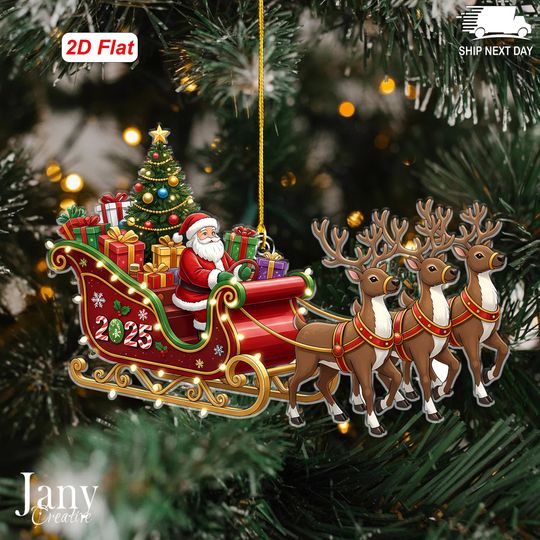 Discover Santa Sleigh Ornament 2025  Custom Christmas Reindeer Ornament, Holiday Tree Decoration