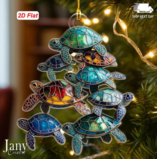 Sea Turtle Family Christmas Tree 2D Flat Ornament, Ocean Animal Ornament Gift, Holiday Gifts Keepsake, Xmas Gift for Friend