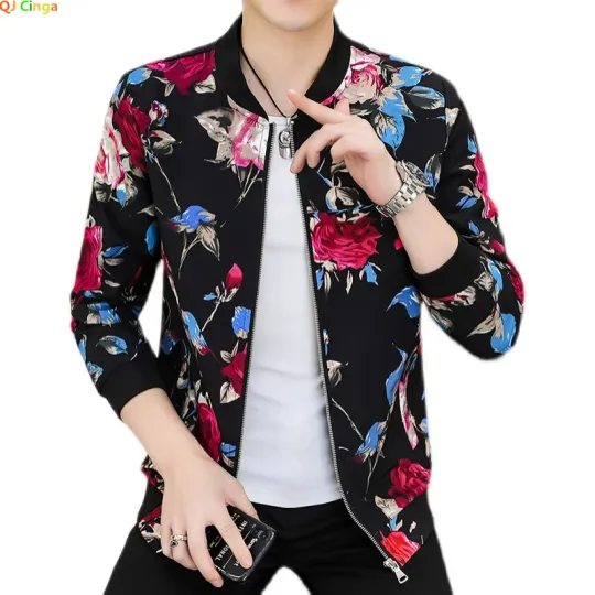 Discover Black Men's Long-sleeved Printed Jacket, Baseball Neck Zipper Coat, Spring Rose Male Top Asian Size M-5XL 6XL