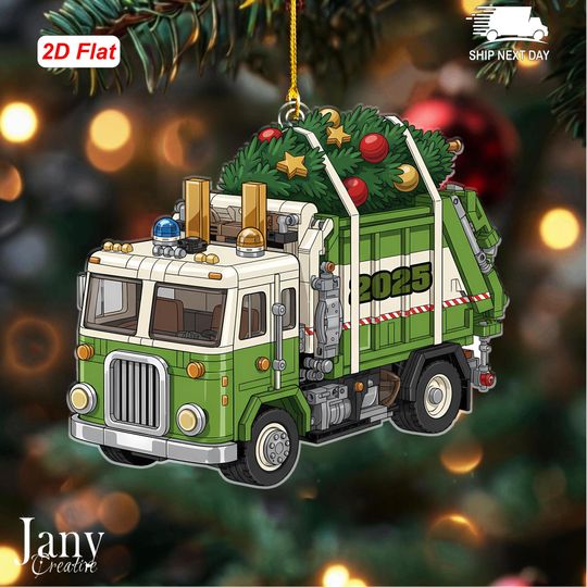 Discover Personalized Name Year Garbage Truck Christmas Ornament  Green Sanitation Truck with Christmas Tree