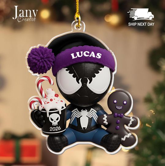 Personalized Black Spiderman Ornament:  Custom Name Acrylic Christmas Decoration