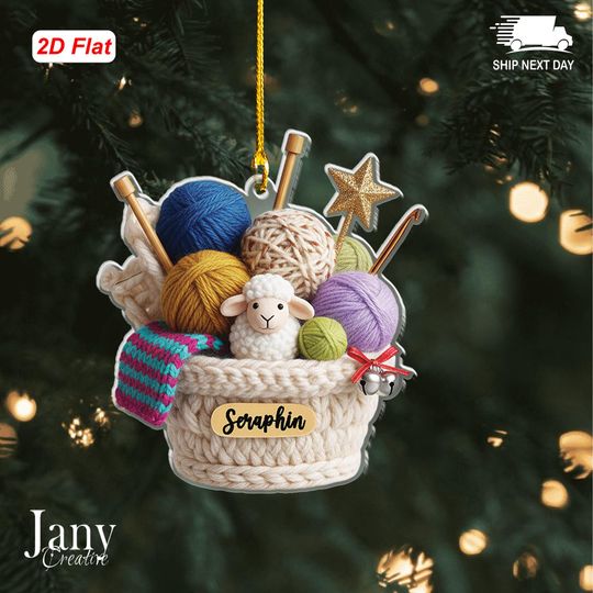Discover Personalized Knitting Basket Ornament  Custom Acrylic Yarn Christmas Decor for Knitters, Custom Knitter Gift, Crochet Lover Holiday Decor