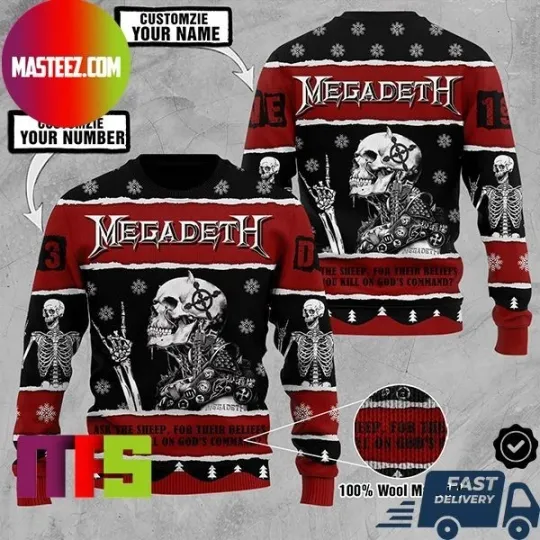 Megadeth Holy War Lyrics Skeleton Logo Holiday Ugly Christmas Sweater
