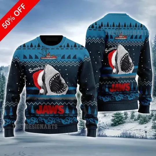 Santa Jaws Christmas Sweater Funny Shark Ugly Xmas Jumper Unisex Holiday Gift
