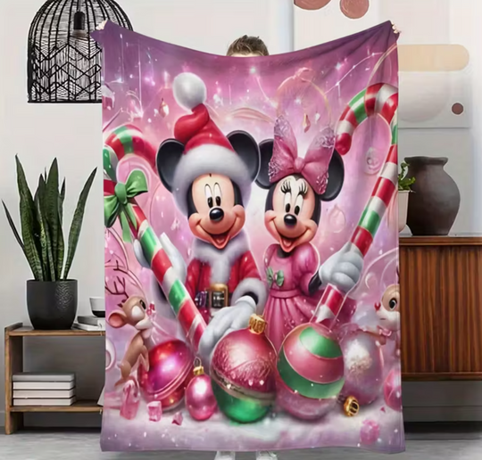 Discover Mickey and Minnie Christmas Flannel Blanket Holiday Candy Cane Snowflake Shawl Home Office Camping Car Warm Christmas Blanket