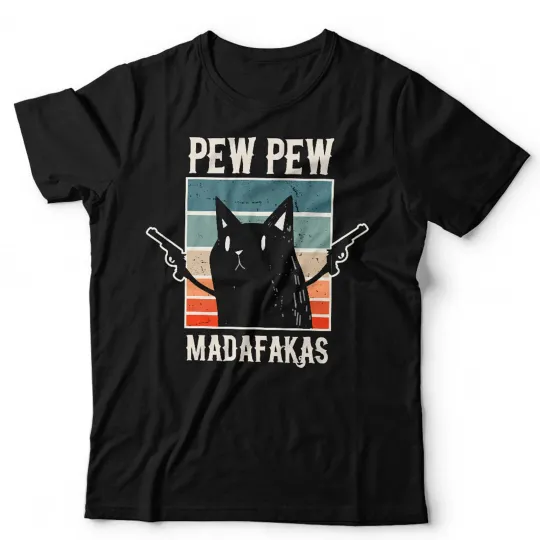 Discover Pew Pew Madafakas T-Shirt Unisex Kids Funny Cat Lover Retro Vintage