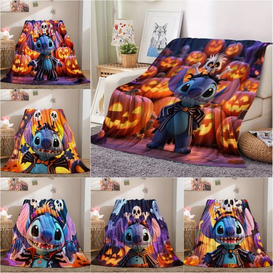 Discover Halloween Stitch Flannel Blanket, Cartoon Multifunctional Throw Blanket, Home Outdoor Leisure Blanket, Comfortable Light Gift