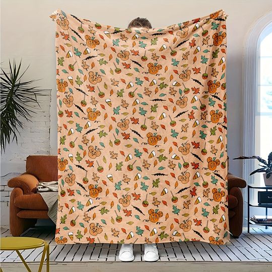 Discover Chic Halloween Mickey Pumpkin Throw Blanket, Cozy Plush Blanket with Autumn Leaves & Bat Patterns for Bedroom Sofa Decor