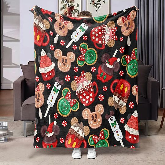 Discover Festive Mickey Minnie Christmas Dessert Throw Blanket, Cozy Plush Blanket with Gingerbread & Peppermint for Bedroom Sofa Decor