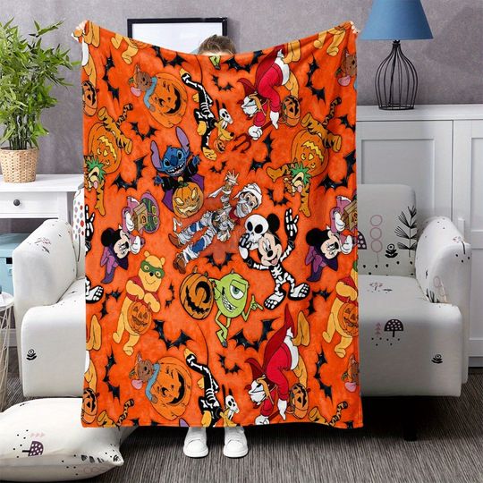 Discover 1pc Mickey Monsters Halloween Flannel Blanket Cozy Pumpkin Bat for Bedroom Living Room Sofa Gift Bedroom Decor Festive Home Item
