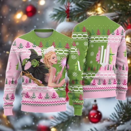 Wicked Pink Green Ugly Christmas Sweater, Elphaba And Glinda Xmas Sweater, Wicked Musical Hoodies, Wizard Of Oz Sweatshirt, Xmas Gifts