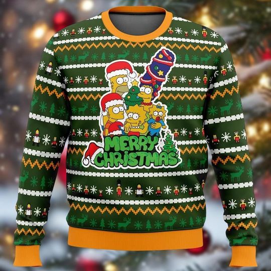 Simpsons Family Christmas Ugly Sweater, Cartoon Merry Christmas Sweater, Funny Bart Simpson Holiday Sweatshirt For Men Women  Gifts