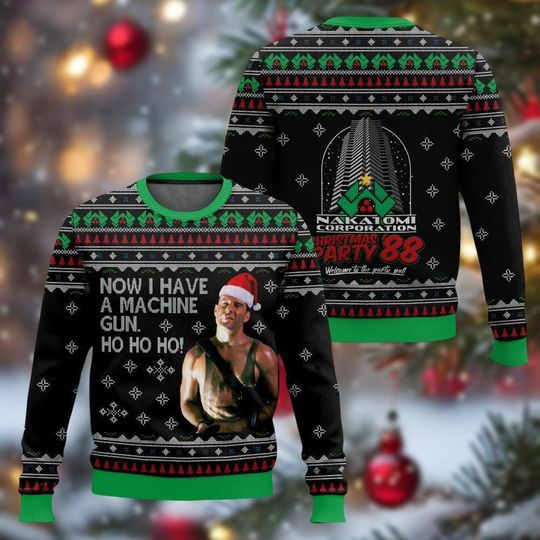 Die Hard John Mcclane Christmas Ugly Sweater, Yippee Ki Yay Nakatomi Plaza Sweater, Bruce Willis Machine Gun Sweatshirt, Holiday Gifts