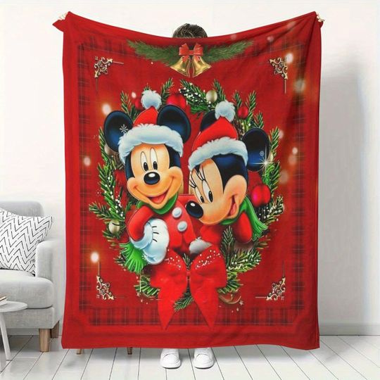 Discover Disney Mickey and Minnie Christmas enjoyment: Red Grid warm Blanket, decorated with golden bell garland