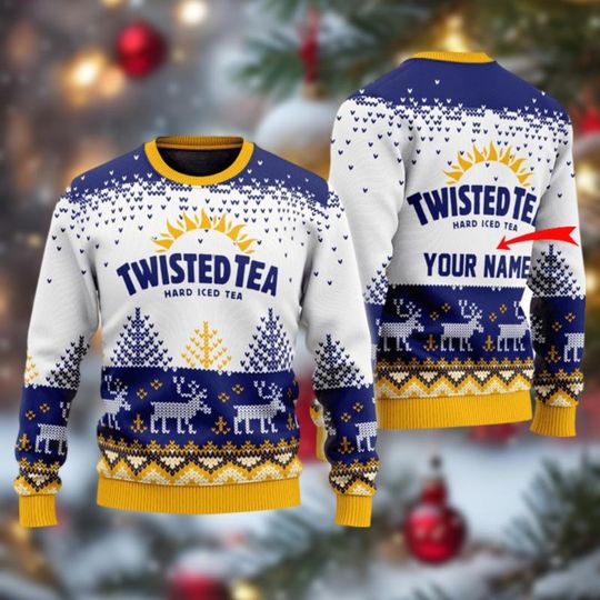 Personalized Twisted Tea Christmas Ugly Sweater, Twisted Tea Drinking Shirt, Yellow Water Xmas Men Women Sweatshirt, Xmas Party Gifts