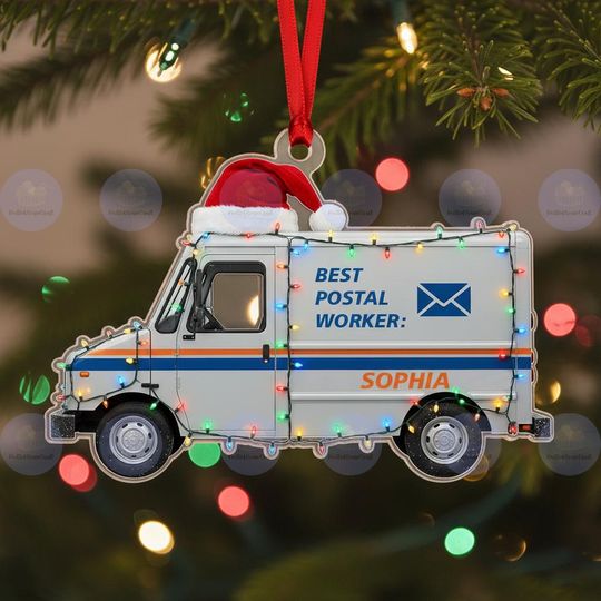 Discover Personalized Mail Truck Ornament, Custom 2D Flat Delivery Driver Christmas Decoration, Postal Worker Holiday Keepsake