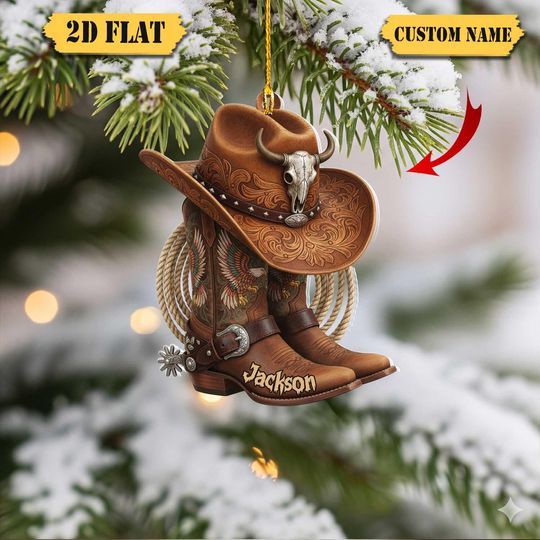 Discover Custom Cowboy 2D Flat Acrylic Ornament, Personalized Western Boots and Hat Ornament with Name, Country Christmas Gift, Rodeo Lover Decor