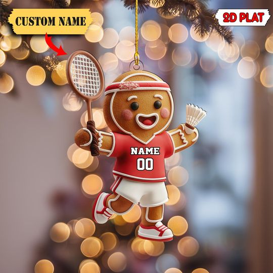 Discover Personalized Badminton Acrylic Ornament, Custom Name and Number Gingerbread Player, Christmas Sports Decoration, 2D Flat Holiday Ornament