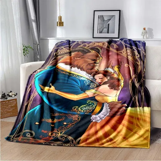 Cartoon Beauty and The Beast Room Warm Blanket Comfortable Soft Portable Travel Picnic Blanket Gift for Family or Friends