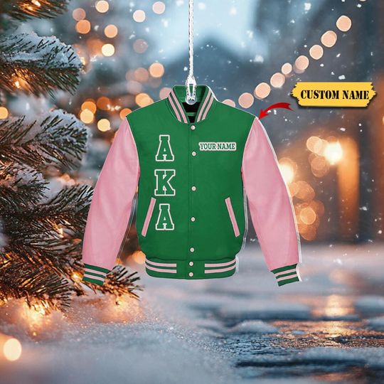 Personalized Alpha Kappa Alpha Sorority Acrylic Ornament - Custom Green and Pink Varsity Jacket