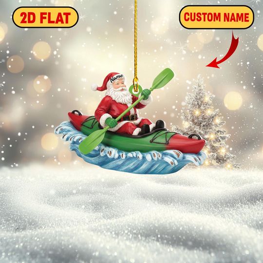 Discover Personalized Santa Kayaking 2D Flat Acrylic Ornament, Fun Outdoor Adventure Gift for Kayakers & Paddlers, Custom Name Christmas Decoration