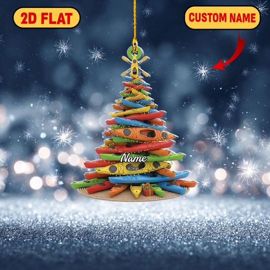 Discover Personalized Kayak Christmas Tree 2D Flat Acrylic Ornament, Custom Name Colorful Kayaks Holiday Decor, Gift for Kayakers & Outdoor Lovers