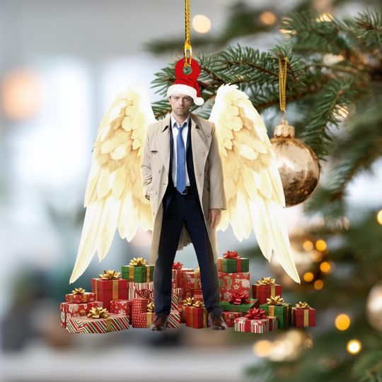 Discover Retro Castiel And Santa hat Christmas Ornament, Castiel Holiday Tree Decoration, Wooden Acrylic Hanging Ornament, TV Show Fan Gift