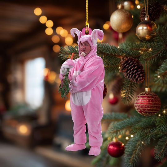 Discover Chandler Bing Bunny Christmas Ornament, Funny Pink Rabbit Costume Decor, Retro TV Show Fan Gift, Custom Holiday Tree Decoration