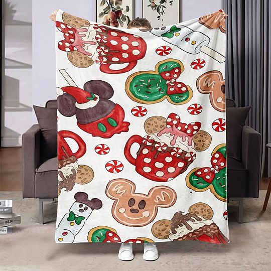 Discover Festive Mickey Minnie Christmas Dessert Throw Blanket, Cozy Plush Blanket with Gingerbread & Peppermint for Bedroom Sofa Decor