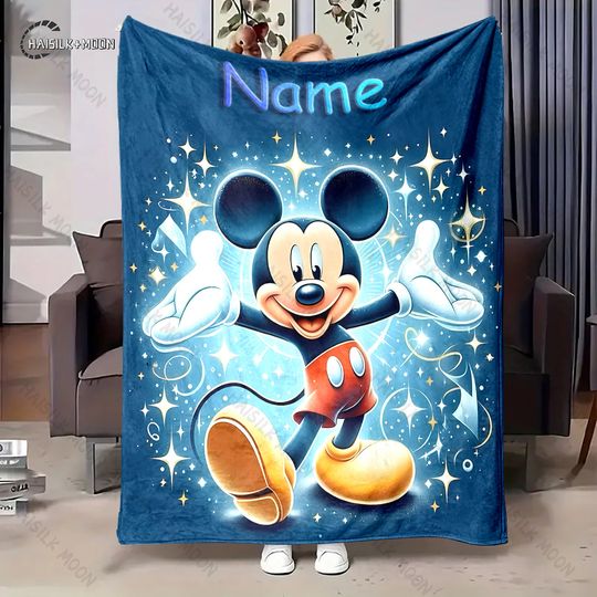 Discover Disney Classic Funny Mickey Mouse Print Flannel Cartoon Blanket Custom Name Home Bed Office Nap Travel Air Conditioning Blankets