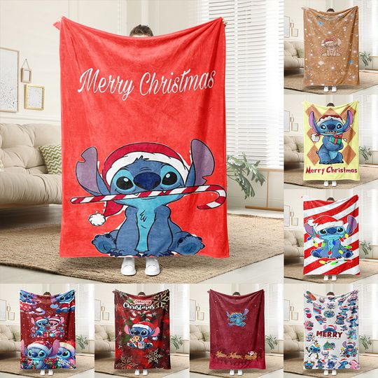 Discover Stitch wears a Christmas hat and chews colorful sticks, a super cute Christmas blanket, a must-have for home rest