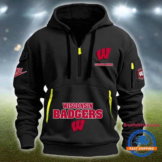 Discover NCAA Wisconsins Badge Tactical Hoodie Quarter Zip Sports Hoodie