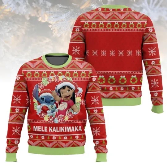 Lilo and Stitch Christmas Ugly Sweater, Mele Kalikimaka Holiday Sweater