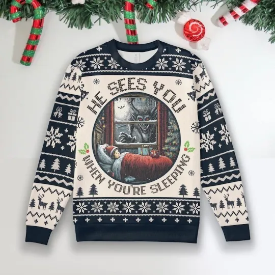 Discover He Sees You When You’re Sleeping Krampus Gothic Ugly Christmas Sweaters