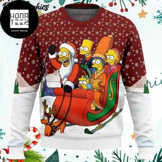 The Simpsons Dashing Through the Snow And Snowflakes Pattern Ugly Christmas