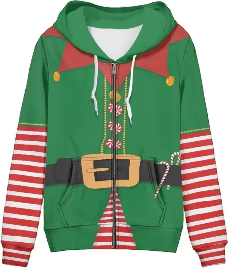 Discover Christmas Elf Zip Hoodie – Funny Holiday Costume 3D Print Jacket