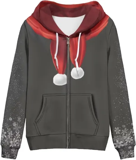 Santa Hat Zip Hoodie – Black Red 3D Print Holiday Winter Jacket