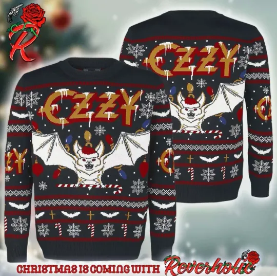 Black Sabbath Ozy Osbourne Christmas Bat Incident With Santa Ugly Sweater