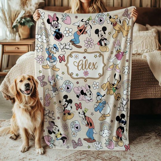 Discover Disney Mickey And Friends Creme Blanket, Mickey Minnie Donald Daisy Pluto Goofy Blanket, Disneyland Movie Gift Blanket, THA316