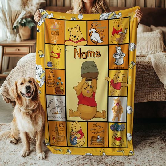 Discover Disney Winnie The Pooh Bear Blanket, Winnie The Pooh Pooh Blanket, Custom Name Pooh Birthday Blanket, Yellow Nursery Baby Blanket, NVA773