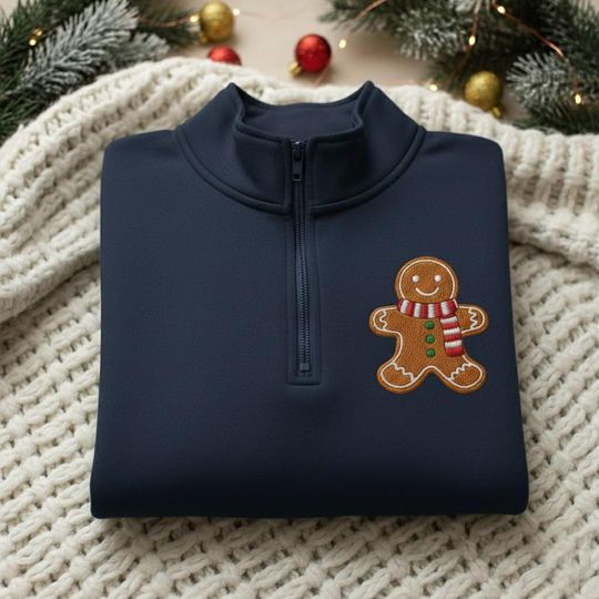 Embroidered Gingerbread Quarter Zip Sweatshirt, Holiday Sweatshirt, Cute Christmas Shirt for Women, Gingerbread Christmas Embroidery