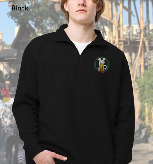 Discover Mouse Beer Christmas Sweater, Embroidered Quarter Zip Pullover, Men's Christmas Sweater, Disney Inspired Holiday Sweater