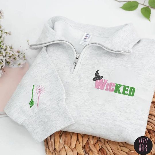 Wicked Embroidered Quarter Zip Sweatshirt, Witch Hat Halloween Pullover, Cute Witchy Crewneck for Fall Season, Cozy Spooky Sweatshirt Gift